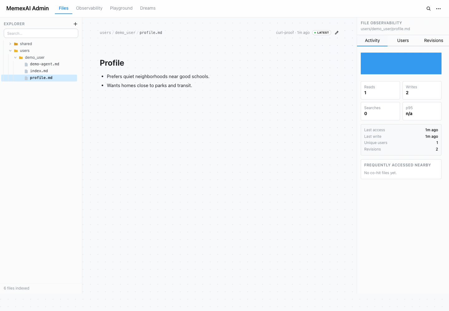 MemexAI admin file activity panel