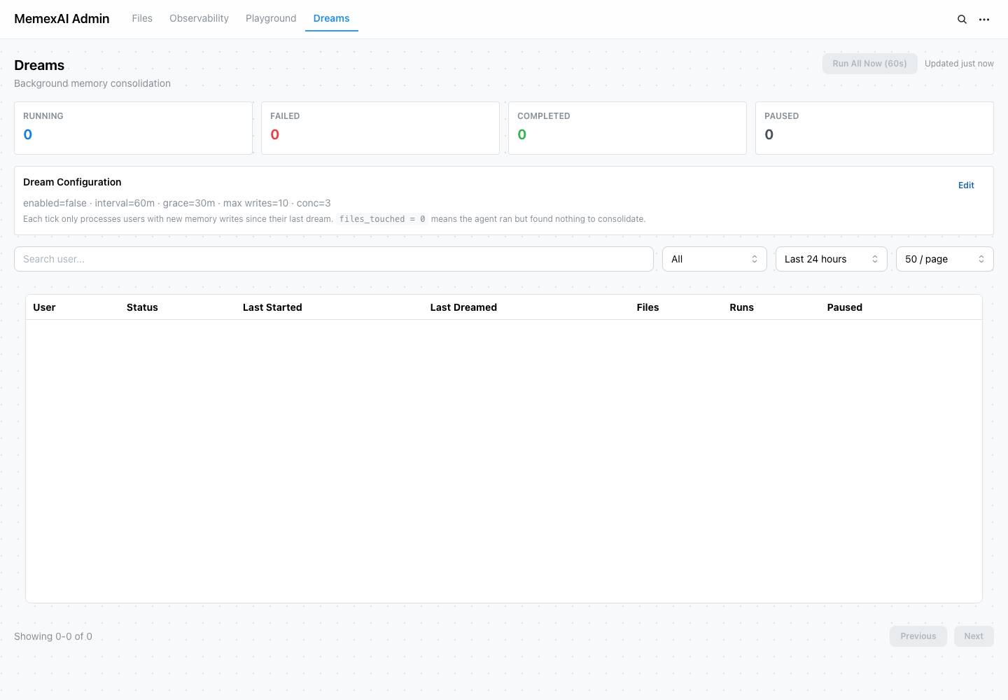 MemexAI admin dreams panel