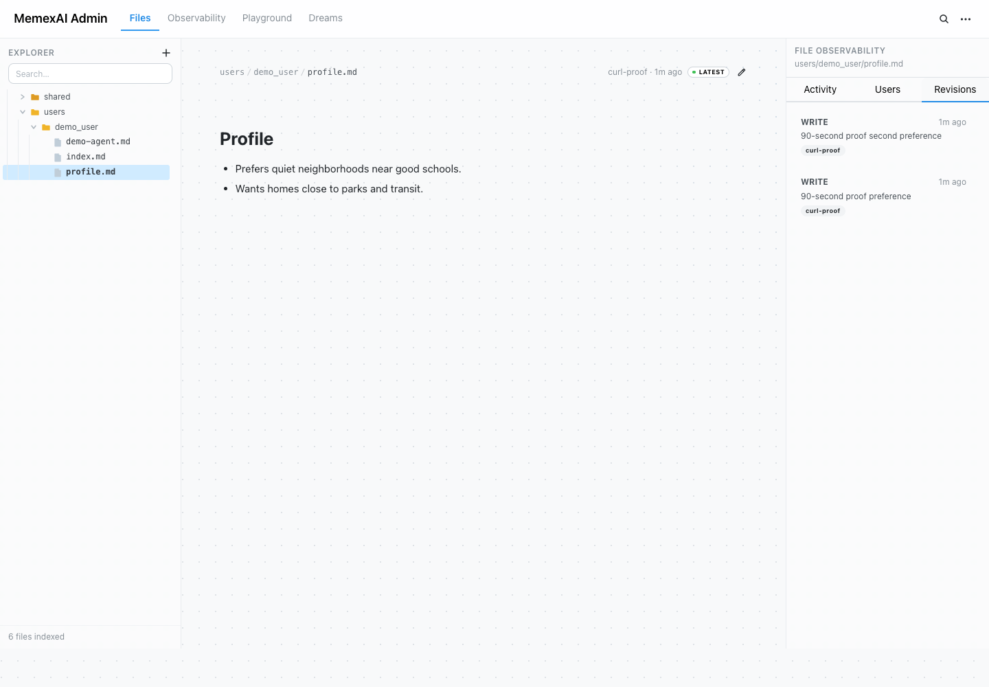 MemexAI admin revisions panel